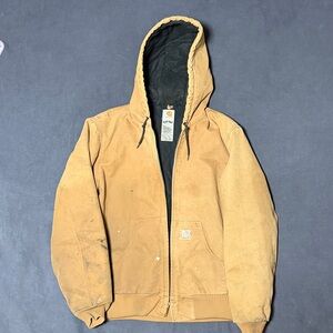 Carharrt Duck Work Jacket - distressed brown zip up hoodie, early 2000s Y2K - M